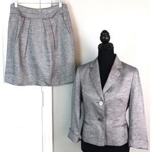 Talbots LINEN Gray Metallic Skirt Suit Mini Pleated 3/4 Sleeves Womens 2 4P work
